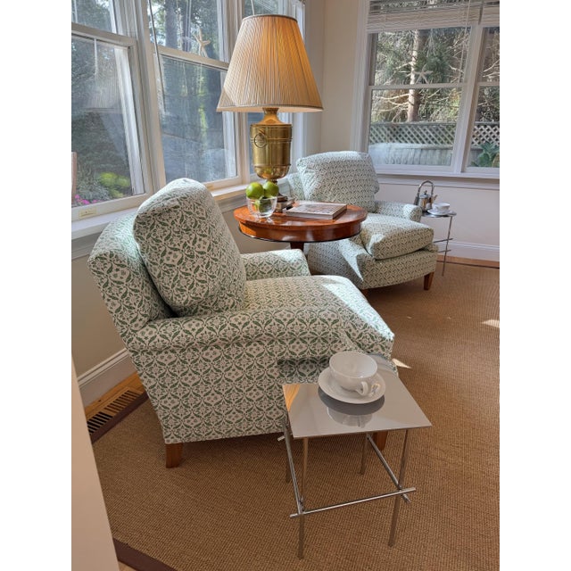 A Pair of Howard & Sons Green and White Lounge Chairs With Custom Tan Slipcovers For Sale - Image 13 of 18
