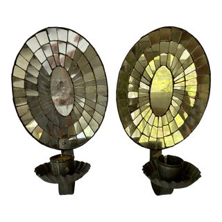 Pair of Mid 20th Century Primitive Tin Mirrored Candlestick Sconces For Sale