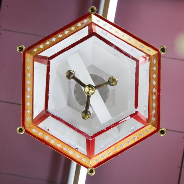 Red Vintage Chinoiserie Red Tole Hanging Lantern Chandelier With Brass Bells For Sale - Image 8 of 14