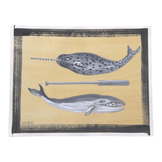 Whales Folk Art Americana Minimalism Yellow Gray Original Painting by Cleo Powden For Sale