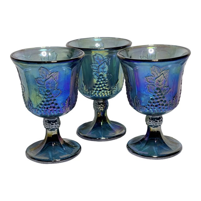 Vintage 1970s Purple Carnival Glass Goblets With Grape Motif- Set of 3 For Sale