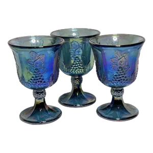 Vintage 1970s Purple Carnival Glass Goblets With Grape Motif- Set of 3