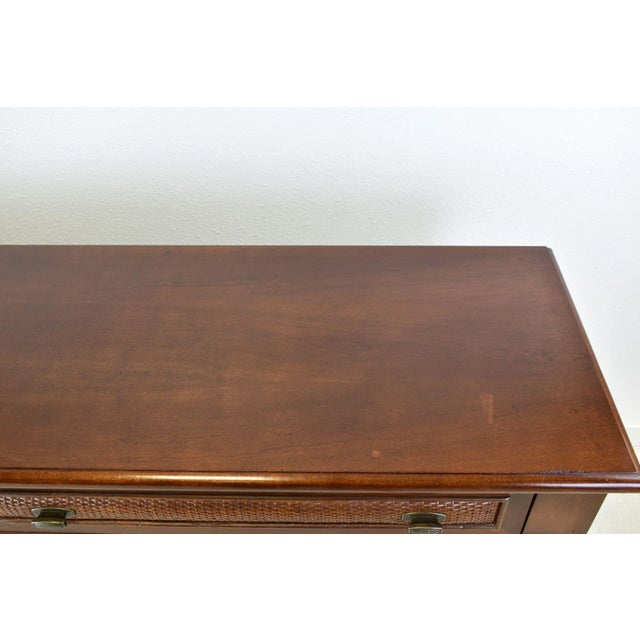 1980s Maple and Rattan Polynesian Tommy Bahama Styled Eleven Drawer Dresser With Woven Raffia Palm Fronts Brass Pulls Fluted Columns and Bun Feet For Sale - Image 11 of 12
