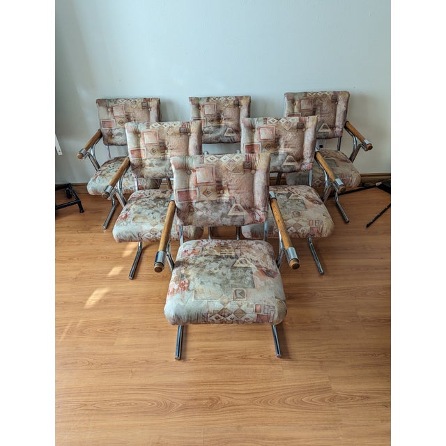 1970s MCM Cleo Baldon Style Dining Chairs Set of 6 Chrome & Wood For Sale - Image 5 of 8