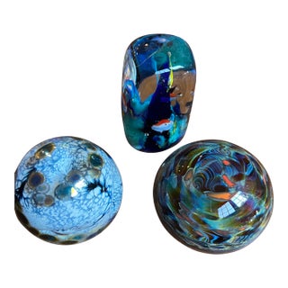 Vintage Trio of Dark Blue and Green Glass Paperweights For Sale