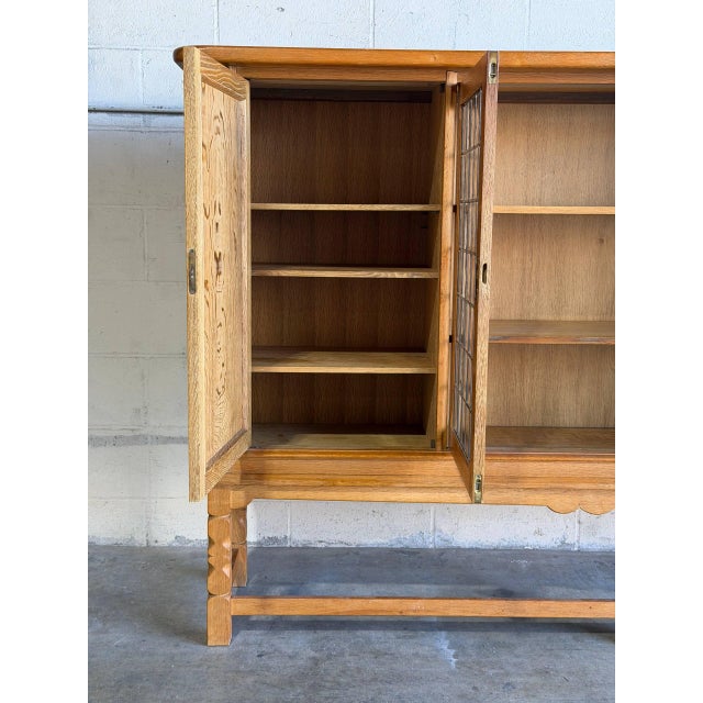 Brown In Style of Henning Kjærnulf Large Oak Sideboard Сredenza With 2 Leaded Glass Mid-Century Modern Denmark 1960s For Sale - Image 8 of 10