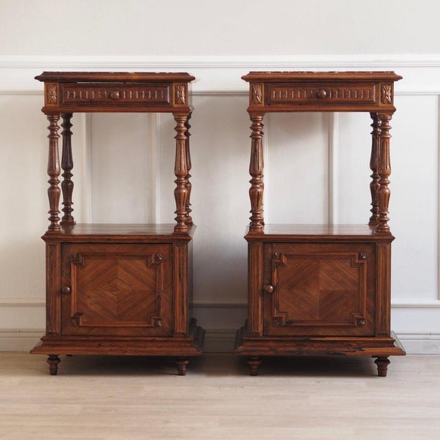 Antique Bedside Tables with Marble Tops and Columns, 1890, Set of 2 For Sale - Image 3 of 18