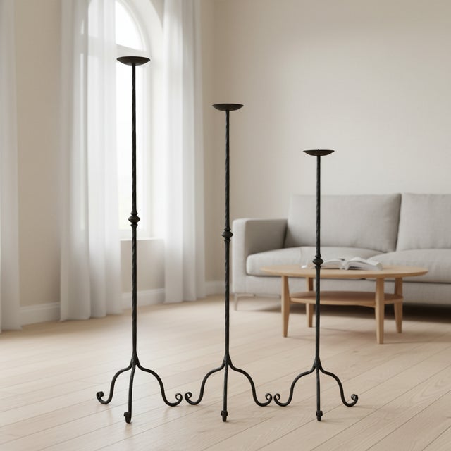 Rustic Hand Forged Iron Candelabra Set of 3 (93-113cm) Antique Copper Finish Hammered Stem with Decorative Knop For Sale - Image 3 of 10