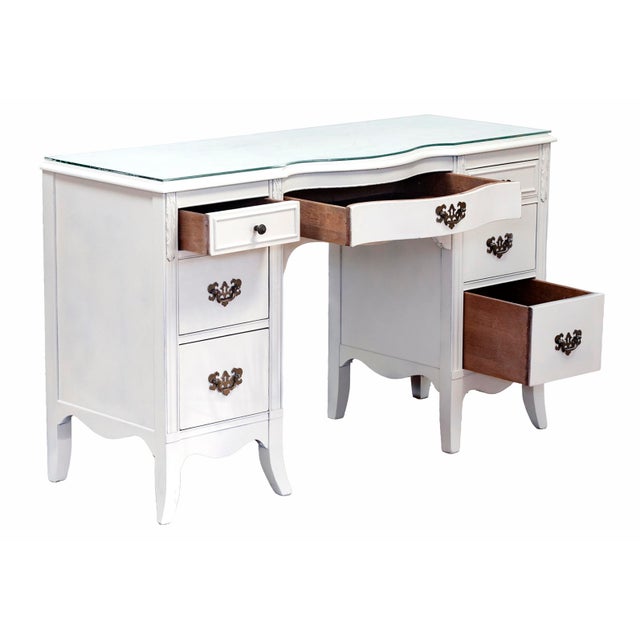 Mid-Century Pinted Mahogany Desk or Vanity With Glass Top, Usa, 1940s For Sale - Image 4 of 6
