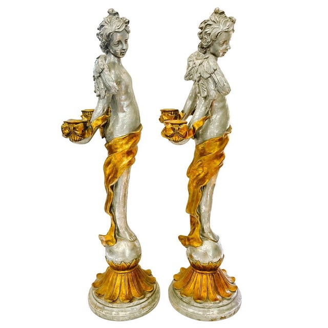 Baroque Monumental 24" Italian Baroque Style Silvered & Parcel-Gilt Cherub Candleholders - A Pair For Sale - Image 3 of 10