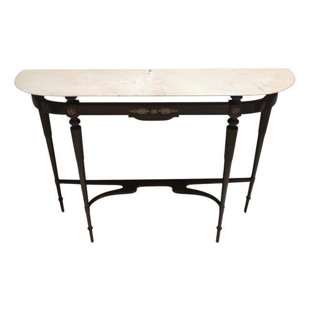 Portuguese Demi Lune Console Table in Ebonized Beech with Pink Marble Top, Italy, 1960s For Sale