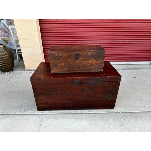 Pair of Rustic Distressed Wood Storage Trunks For Sale In Palm Springs - Image 6 of 12
