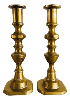 Antique English Brass Pusher Candlesticks, 1890s, Set of 2