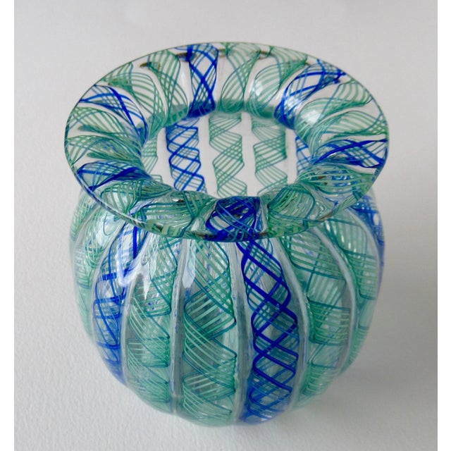 1960s Vintage C.1960's Italian Hand-Blown Fratelli Toso "Latticino" Ribbon Murano Decorative "Bulbous" Vessel/Bowl For Sale - Image 5 of 13