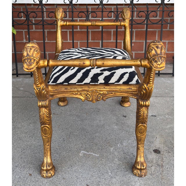 Gold Antique Regency Giltwood Camel Head Bench With Clarence House Zebra Seat - 1 of 2 For Sale - Image 8 of 8