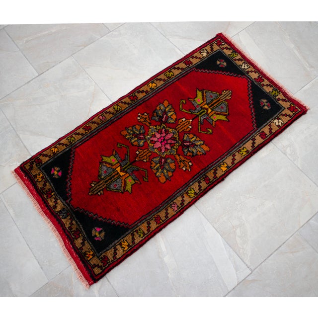 Hand Knotted Small Turkish Rug. Organic Wool 1960's Entryway Decor DoorMat, Accent Rug - 22'' X 42'' For Sale - Image 6 of 12
