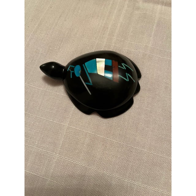 2000s Zuni Fetish by Emery Boone, Jet & Turquoise Turtle Figurine, Signed. For Sale In Seattle - Image 6 of 6