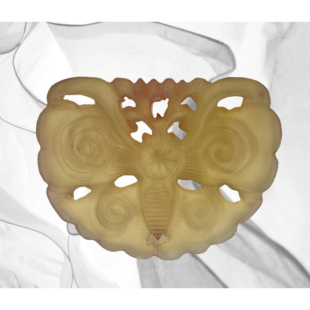 Vintage jade or nephrite Chinese plaque, intricately carved openwork with a single moth or butterfly. Pale and semi...