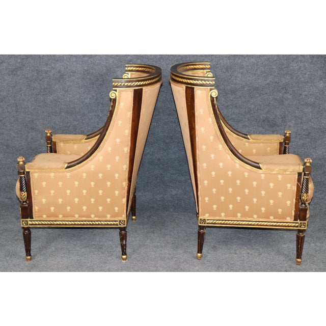 Pair Louis XVI Style Carved With Gilt Accent Wing Back Bergère Chairs For Sale - Image 4 of 15