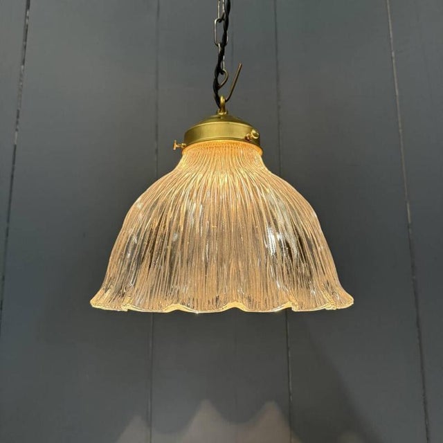 Pressed Glass Pendant Lamp with Brass Fixture from Holophane, 1930s For Sale - Image 15 of 15