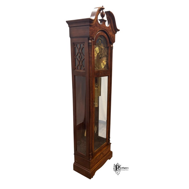 Vintage Howard Miller Traditional American Style Mahogany & Burl Wood Grandfather Clock For Sale - Image 9 of 11
