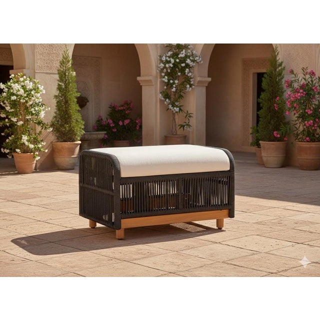Modern Alpine Teak Wood Outdoor Ottoman With Black - Rope Design For Sale - Image 3 of 13