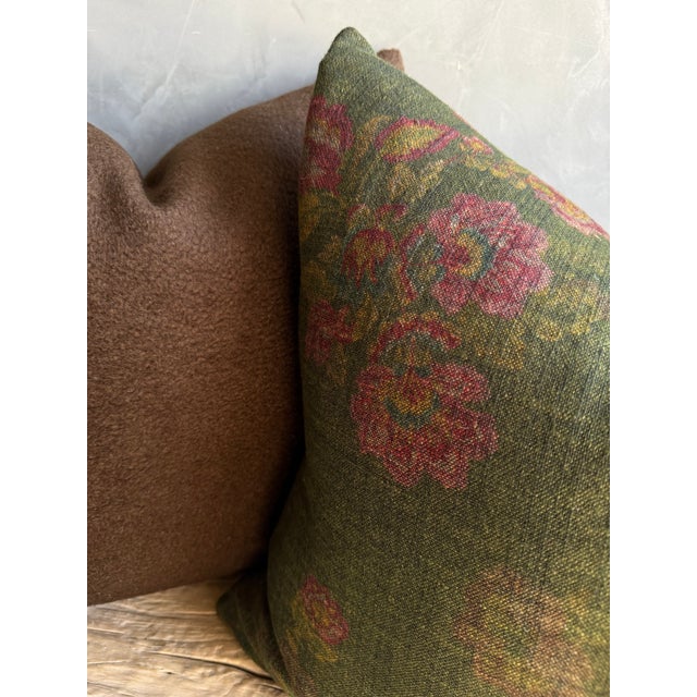 Green Gracie Floral Pillow in 100% Linen With Down Insert 20" 20" For Sale - Image 8 of 8