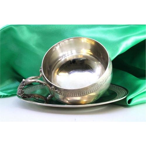 Silver Cup and Saucer with Raised Borders and Cut-Out Handle, Set of 2 For Sale - Image 3 of 7