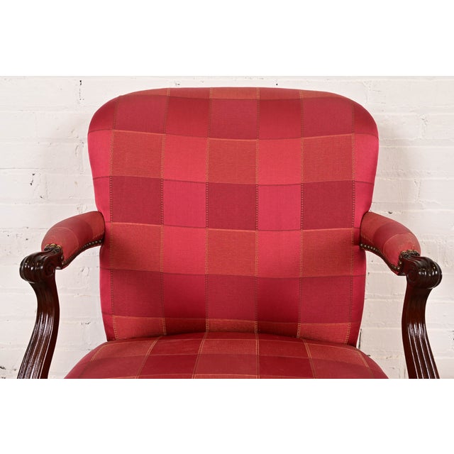 Baker Furniture English Regency Carved Mahogany Upholstered Armchairs or Dining Captain Chairs, Pair For Sale In South Bend - Image 6 of 13