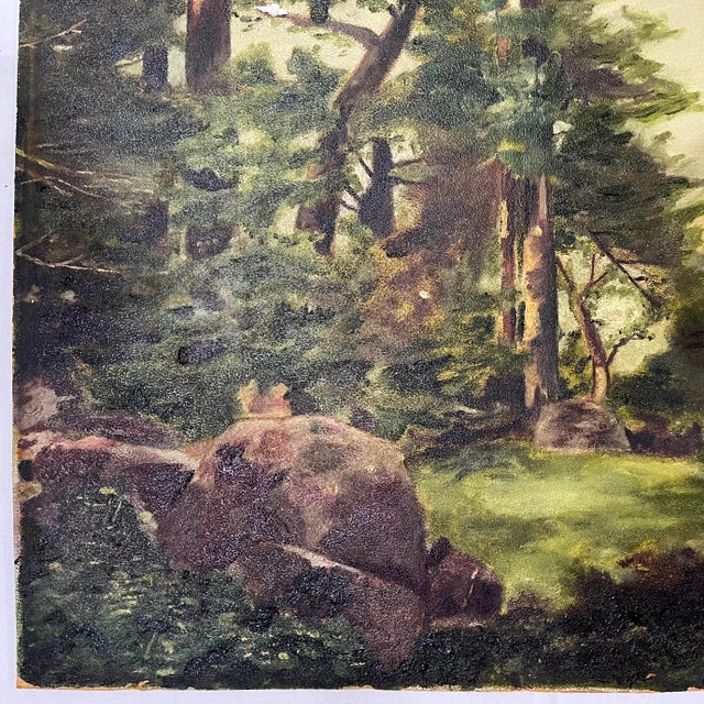 Green Sentinel Rock Through Pines Yosemite Oil on Board - After Thomas Moran Circa 1915 For Sale - Image 8 of 12