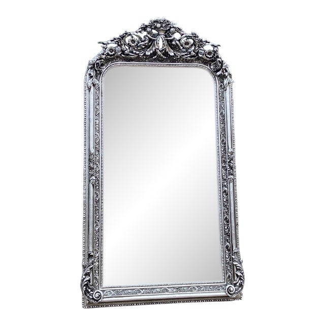 1970s French Artisan Louis XVI Silver Beech Wall Mirror For Sale