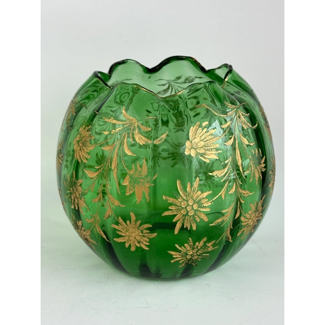 Outstanding early 20th century handblown glass rose bowl vase with a wraparound Edelweiss flower motif. Unsigned.