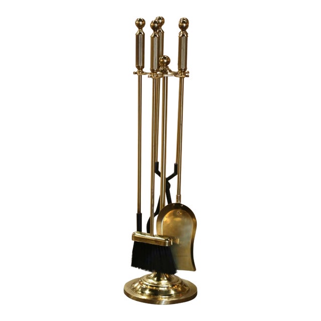 Vintage French Brass Fireplace Four-Piece Tool Set on Stand For Sale