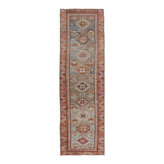 Antique Persian Serapi Runner, Light Blue and Rust Geometric Design 2'8" X 9'8" For Sale