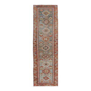 Antique Persian Serapi Runner, Light Blue and Rust Geometric Design 2'8" X 9'8"