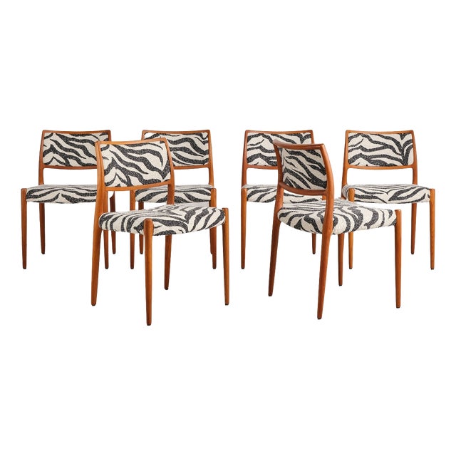 Model 80 Dining Chairs in Teak with Zebra-Print Upholstery by Niels O. Møller for j.l. Møllers, Denmark, 1960s, Set of 6 For Sale