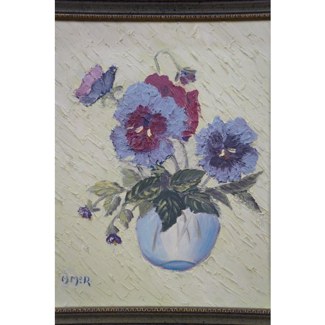 Late 20th Century Helen McRae Still Life Vase of Pansies Floral Oil Painting on Board 12" For Sale - Image 6 of 9