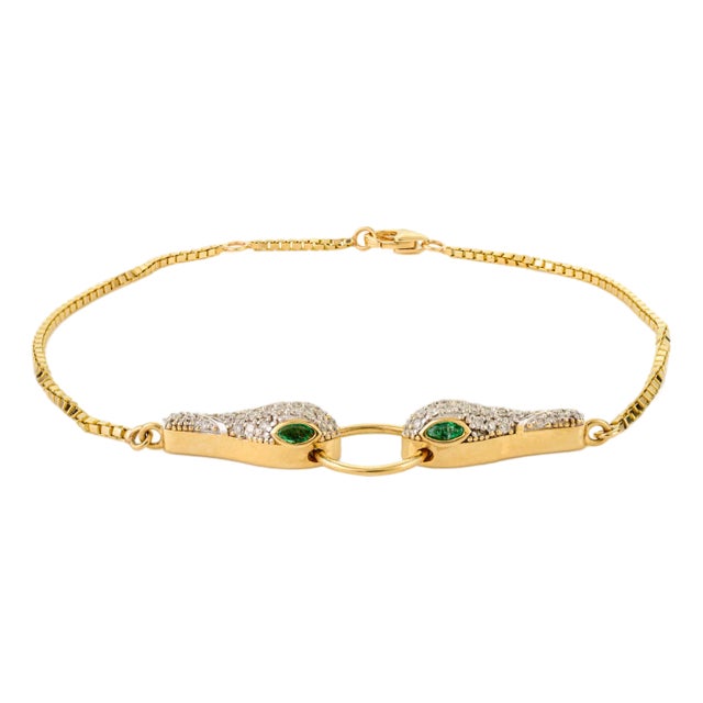 18k Gold Emerald Diamond Snake Bracelet For Sale