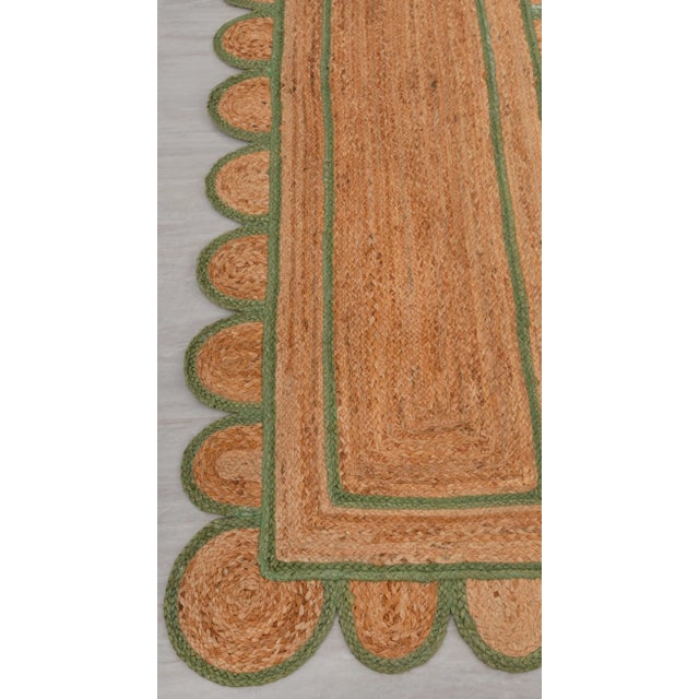 Green Olive Green Jute Scallop Handmade Bohomian Rug Runner 2.5x20 Ft. For Sale - Image 8 of 13