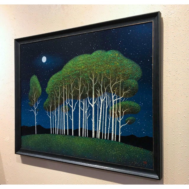 Contemporary Emissary by Thane Gorek | Oil on canvas Night scene with trees under a starry sky. For Sale - Image 3 of 5