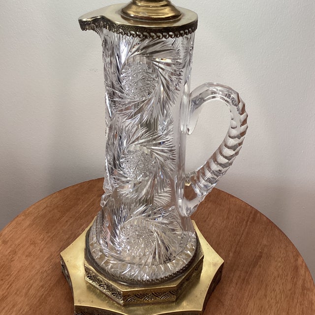 Vintage Neoclassical Style Waterford Brilliant Cut Pitcher Vase Table Lamp With Beaded and Sequined Brown Shade For Sale - Image 11 of 12