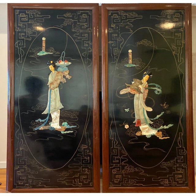 Wood 1950s Large Vintage Asian Inlaid Black Lacquer Hanging Panels - Set of 2 For Sale - Image 7 of 7