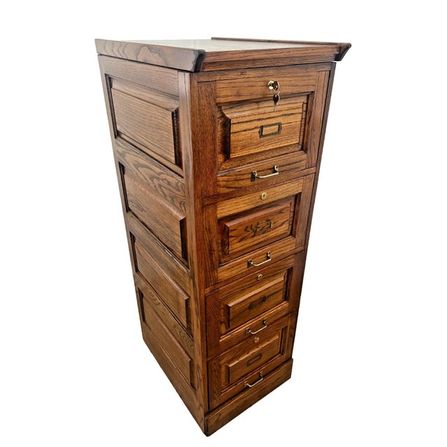 Arts & Crafts Vintage Tiger Oak File Cabinet Four Locking Drawers, Paneled Sides Legal Size For Sale - Image 3 of 12