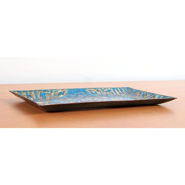 Awesome vintage mid century modern enamel on copper tray/dish! Great bright blue / light turquoise color with white and...