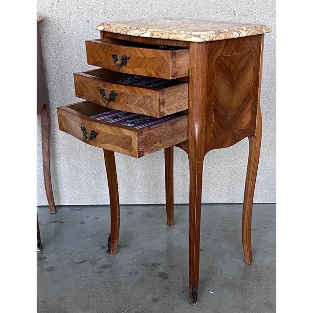 Wood Antique Louis XV French Marquetry Marble Top Nightstands, Set of 2 For Sale - Image 7 of 13