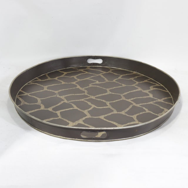 Vintage Large Oval Tole Tray - Hand Painted Brown and Cream Giraffe Animal Print Decorative Tray For Sale - Image 11 of 15