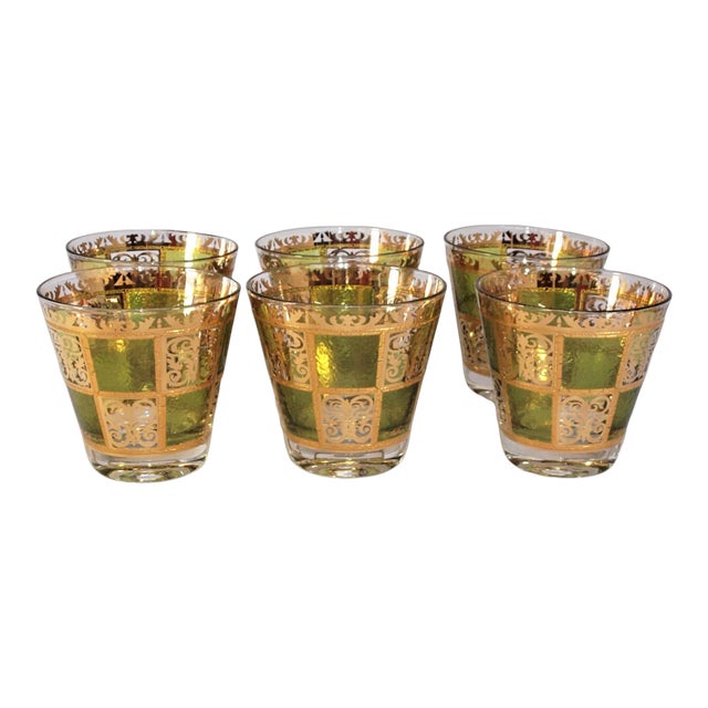 Vintage Mid-Century Culver Prado Gold & Green Cocktail Glasses- Set of 6 For Sale