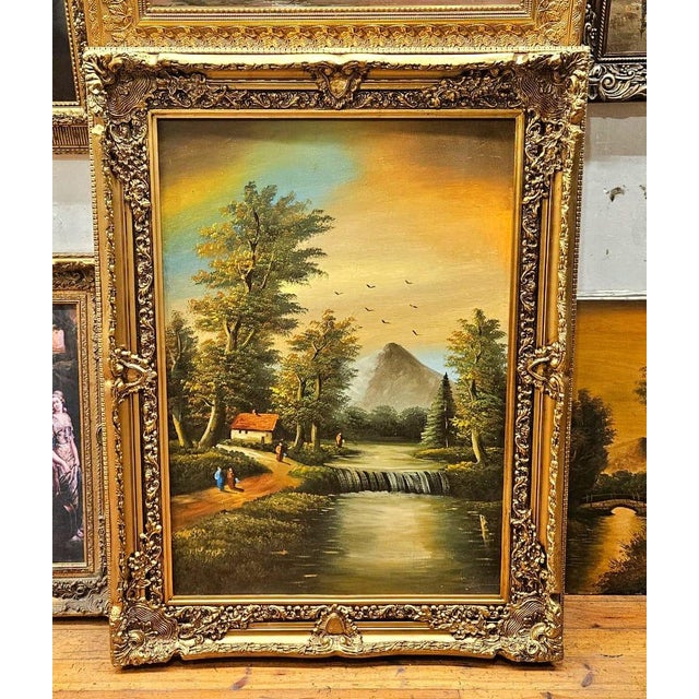 Beautiful wall art on premium cotton fabric, hand-painted with a richly detailed landscape featuring a peaceful lake,...