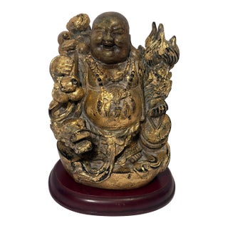 Late 20th Century Chinoiserie Gilded "Faux Bronze" Laughing Buddha Statue on Wooden Base For Sale