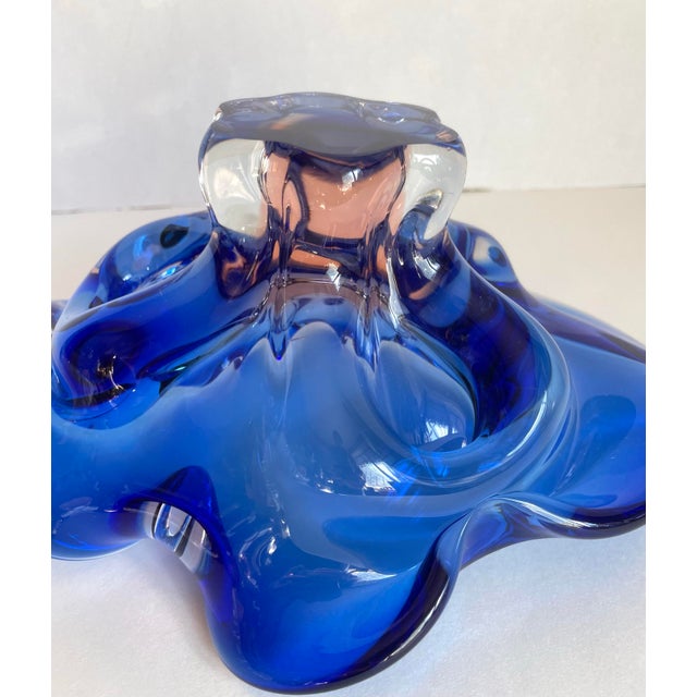 Vintage Bohemia Czech Cobalt Blue & Pink Art Glass Centerpiece Bowl For Sale - Image 10 of 11